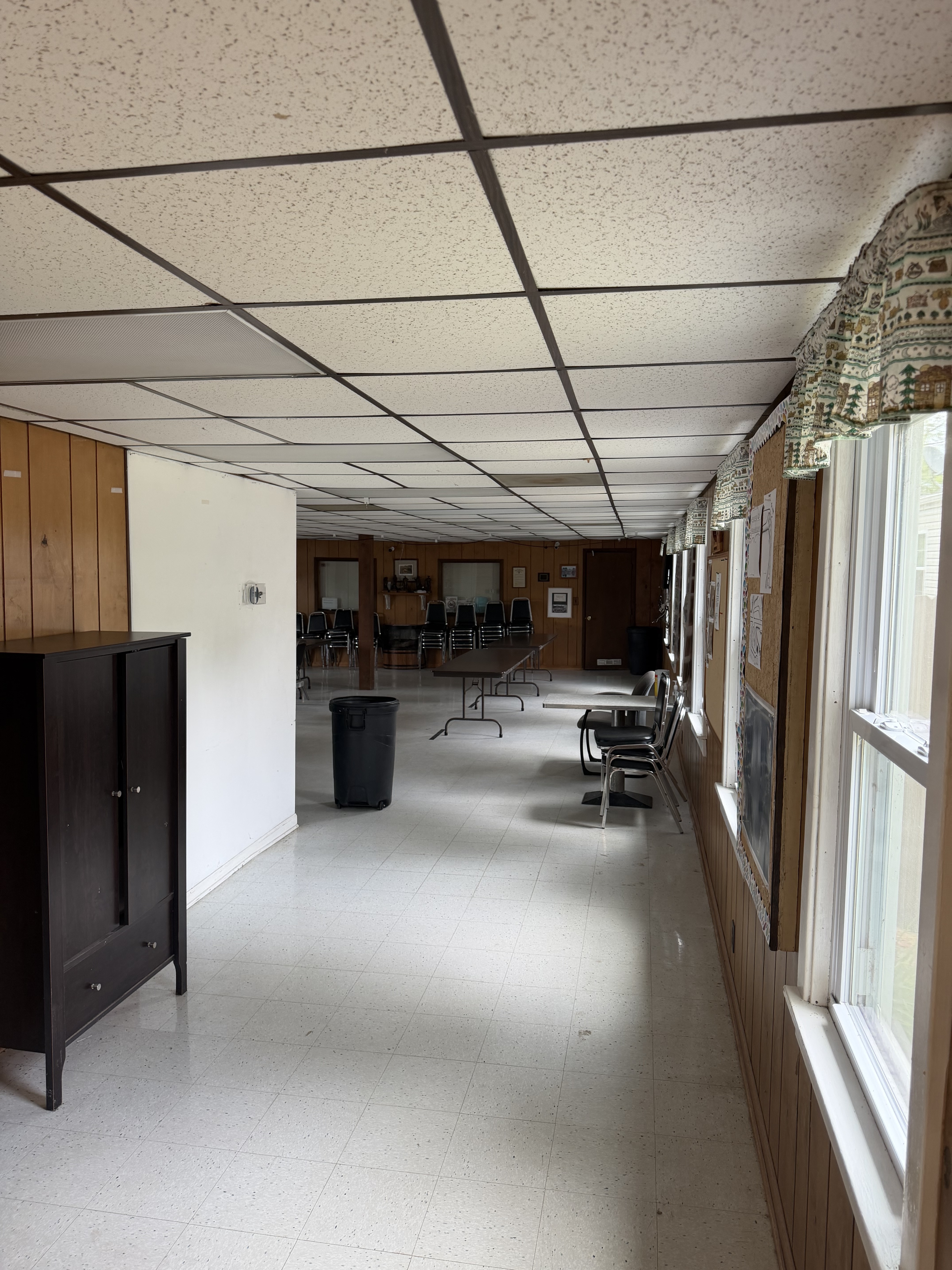 Deer Creek Recreation Club clubhouse main hall with bulletin boards where club news and newsletters are posted