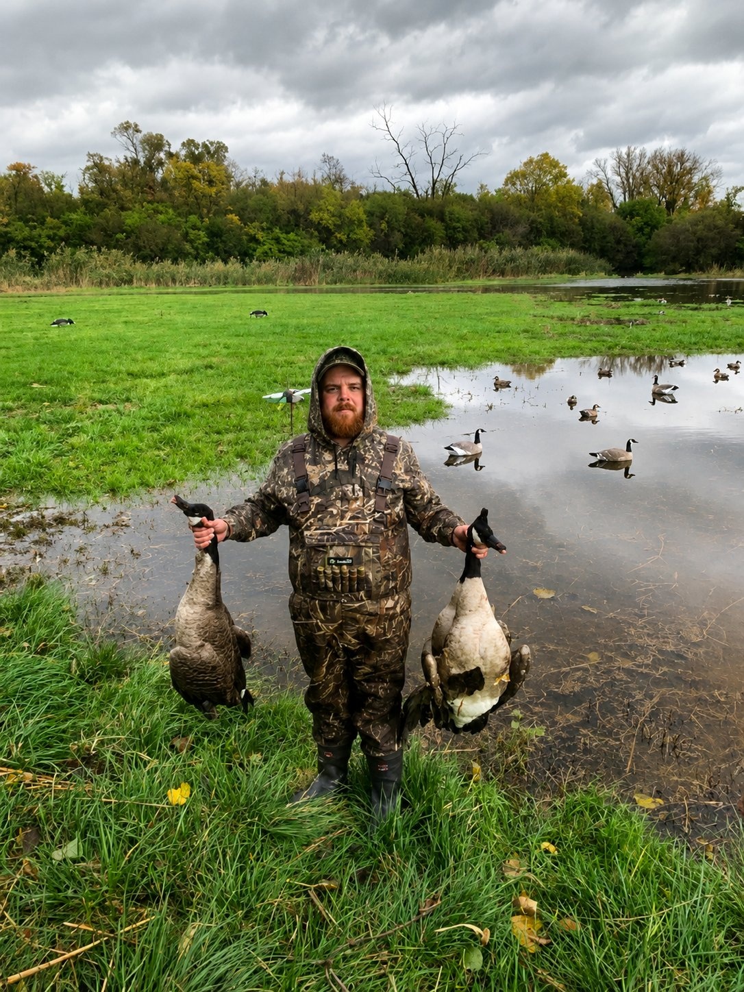 Deer Creek Recreation Club member holding two Canada geese after a field hunt over a decoy spread at Deer Creek in Illinois