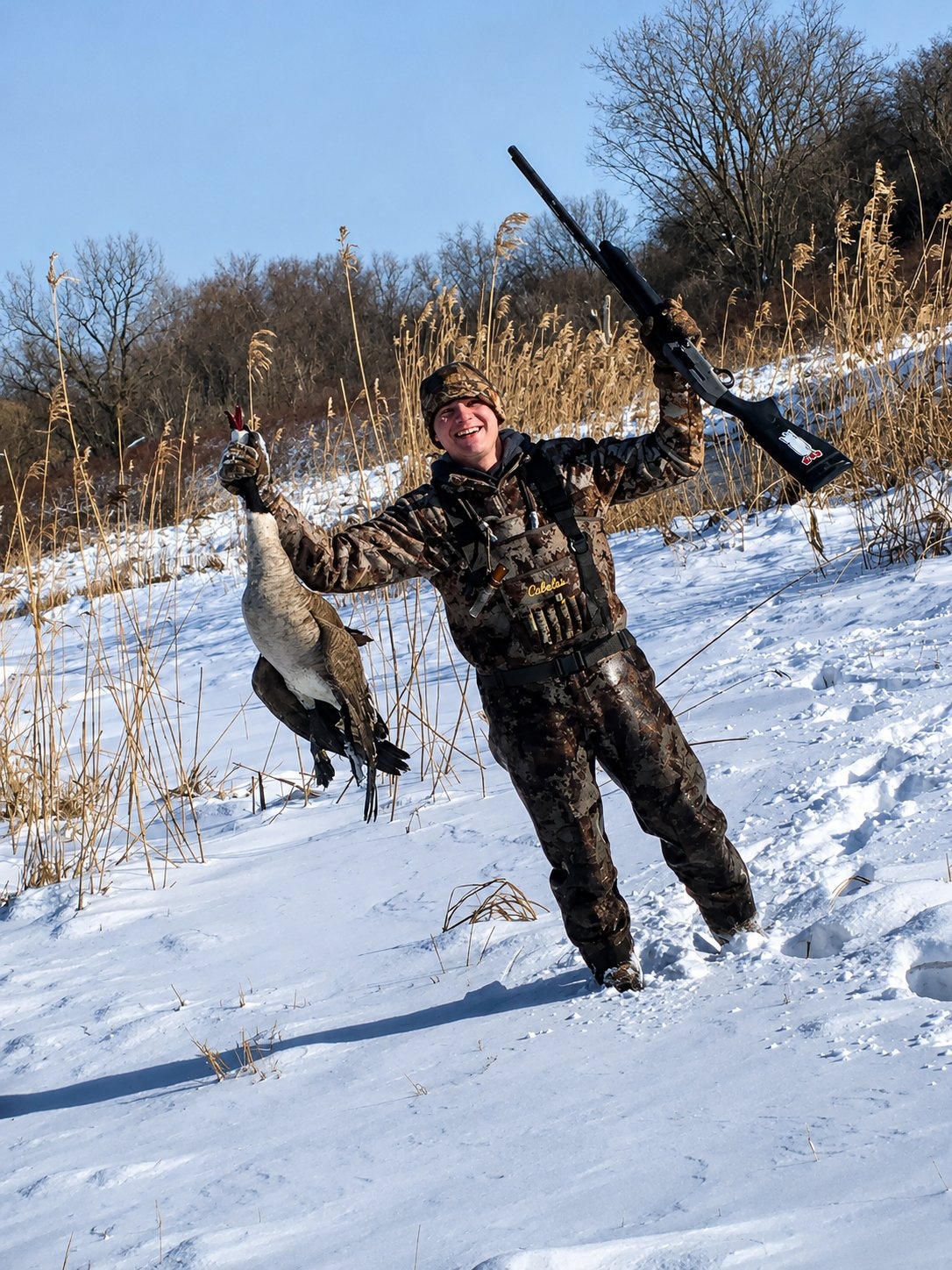 Deer Creek Recreation Club member celebrating a Canada goose harvest in winter snow conditions in Plainfield Illinois