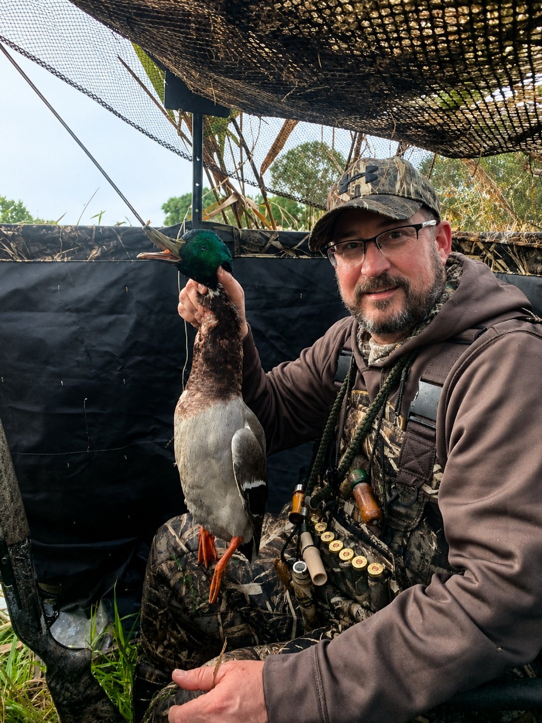 Deer Creek Recreation Club member holding a harvested mallard drake inside a waterfowl blind in Illinois
