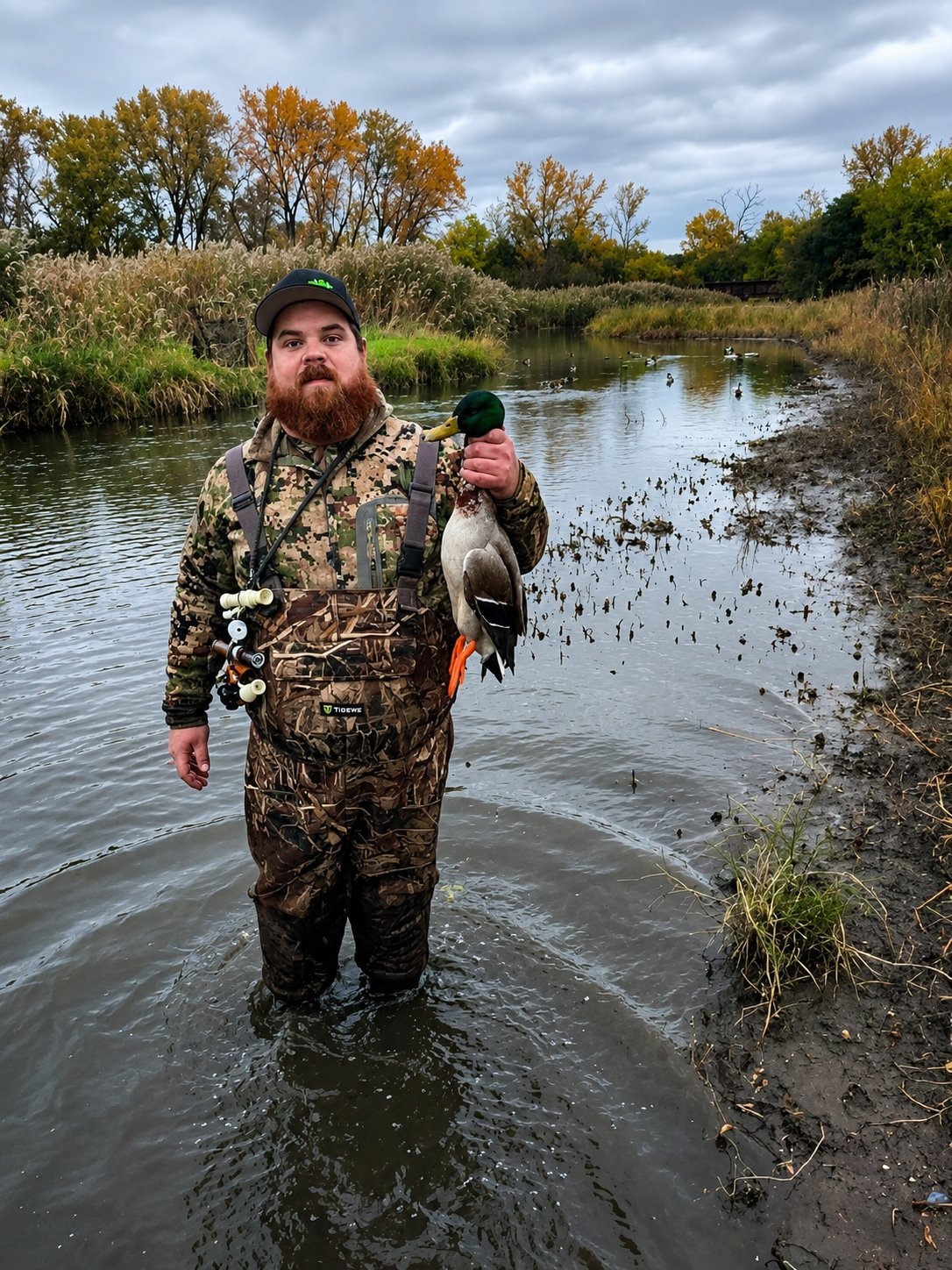 Deer Creek Recreation Club member standing in waders on Lilly Cache Creek holding a harvested mallard drake in autumn