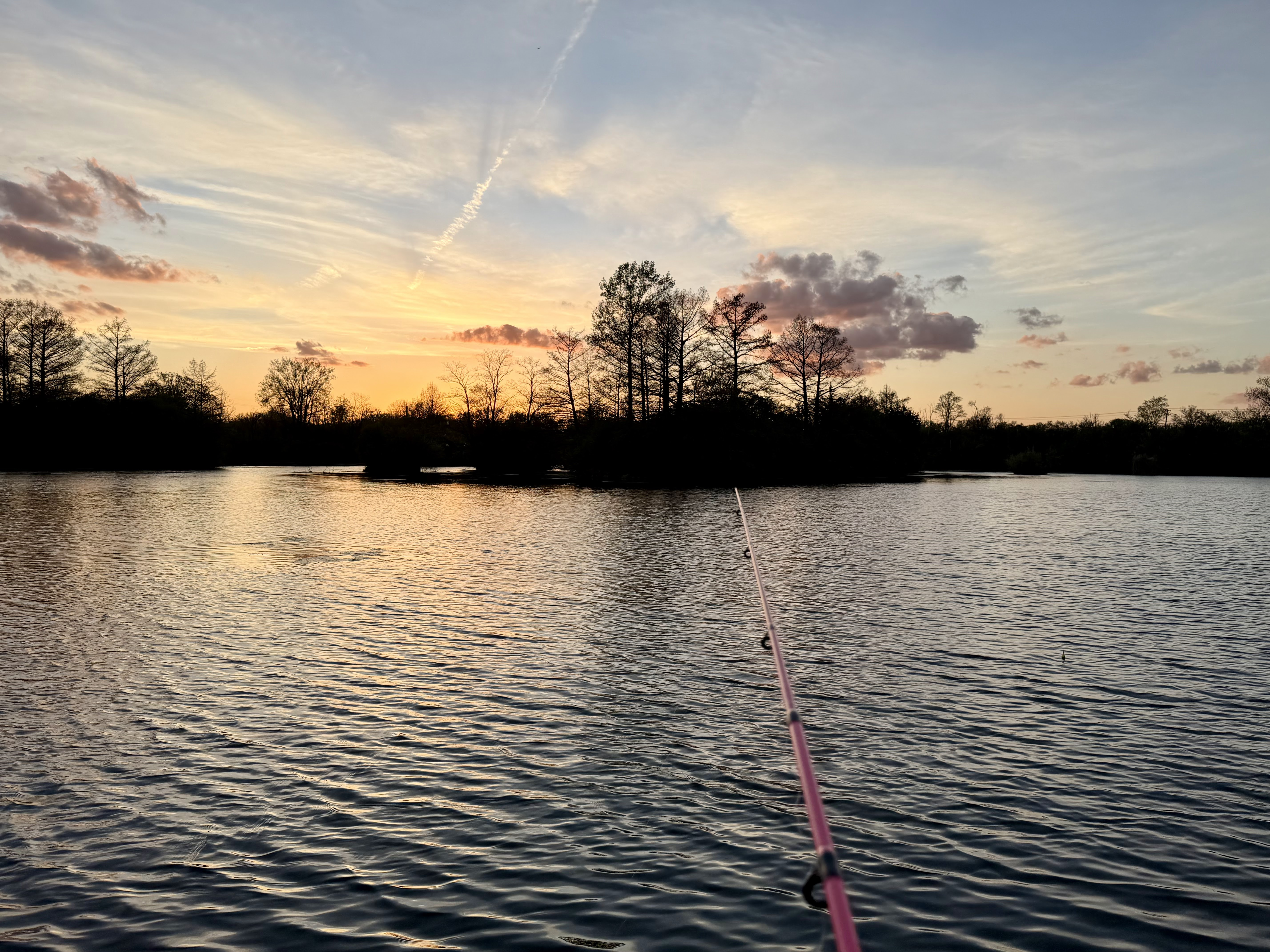 Pink fishing rod extended over Deer Creek Lake at sunset in Plainfield Illinois